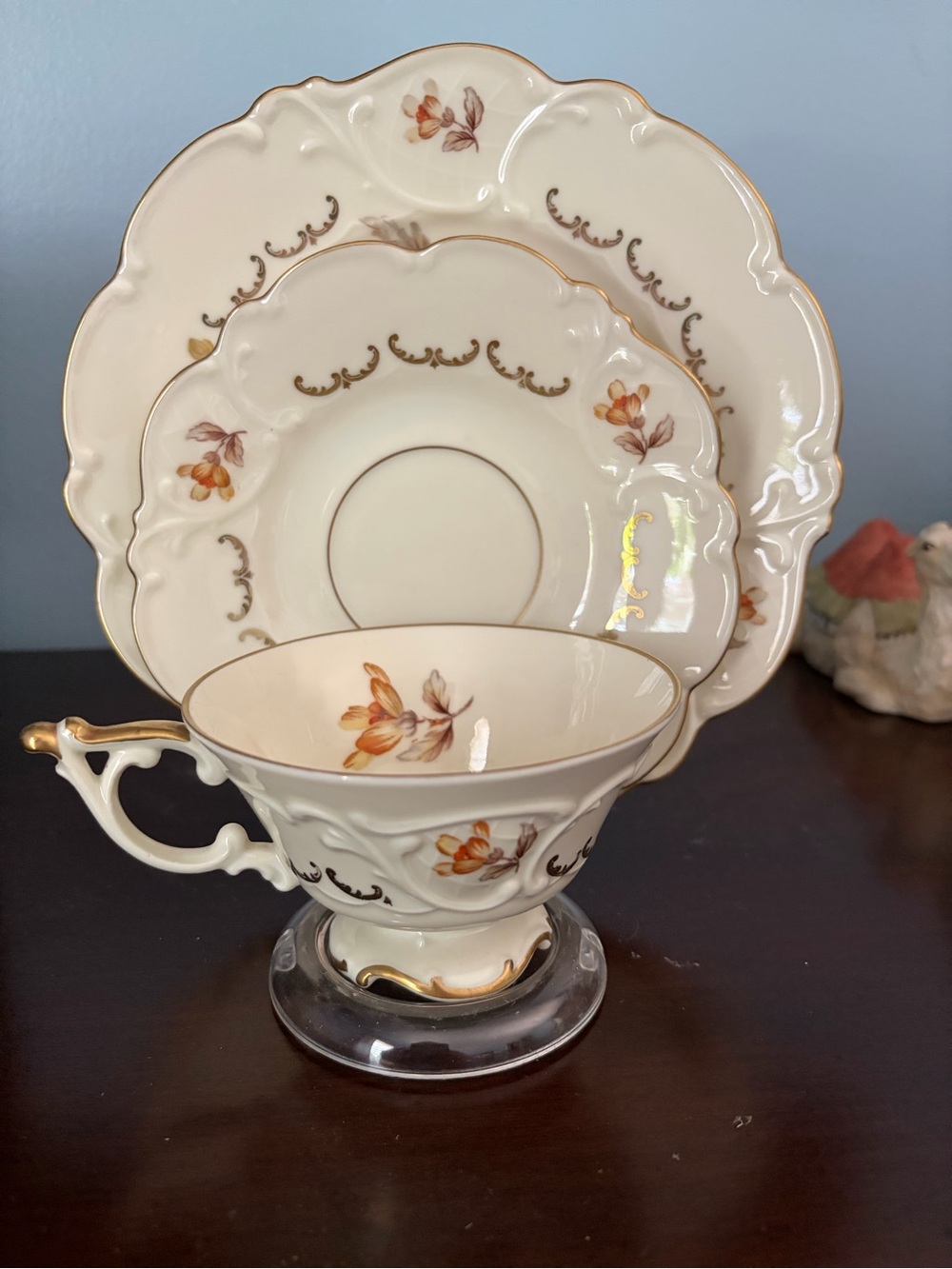 Vintage Cream and Gold Floral Bone China Tea Cup, Saucer & Dessert Plate Set